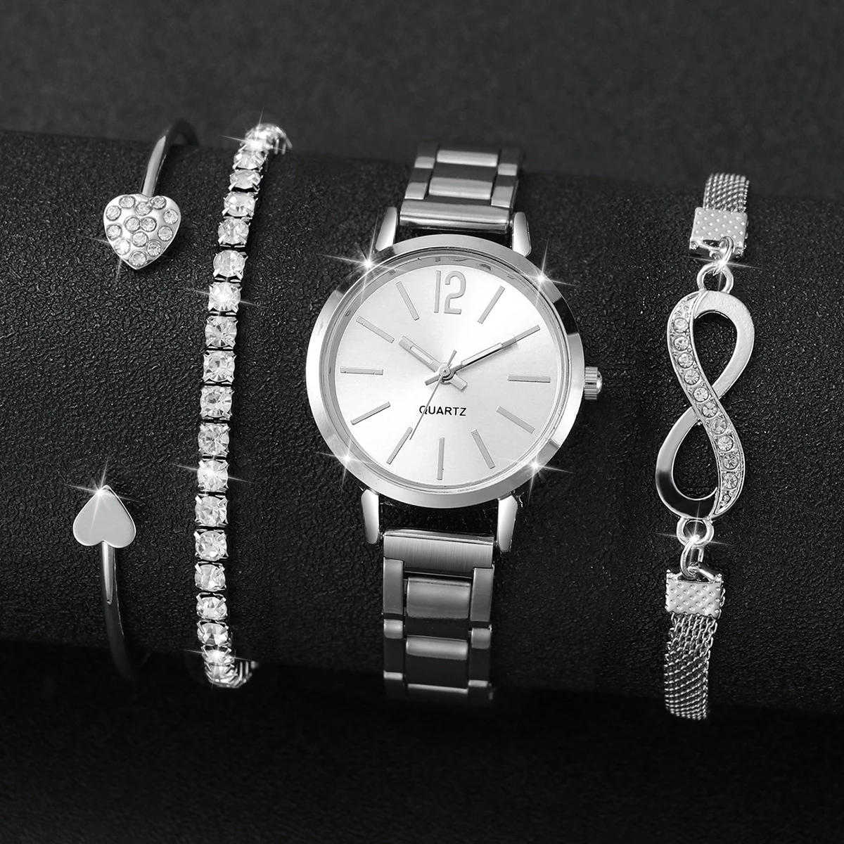 4PCs/Set Women's Watch Luxury and Simple Women's Steel Band Quartz Watch Octagonal Love Bracelet Set