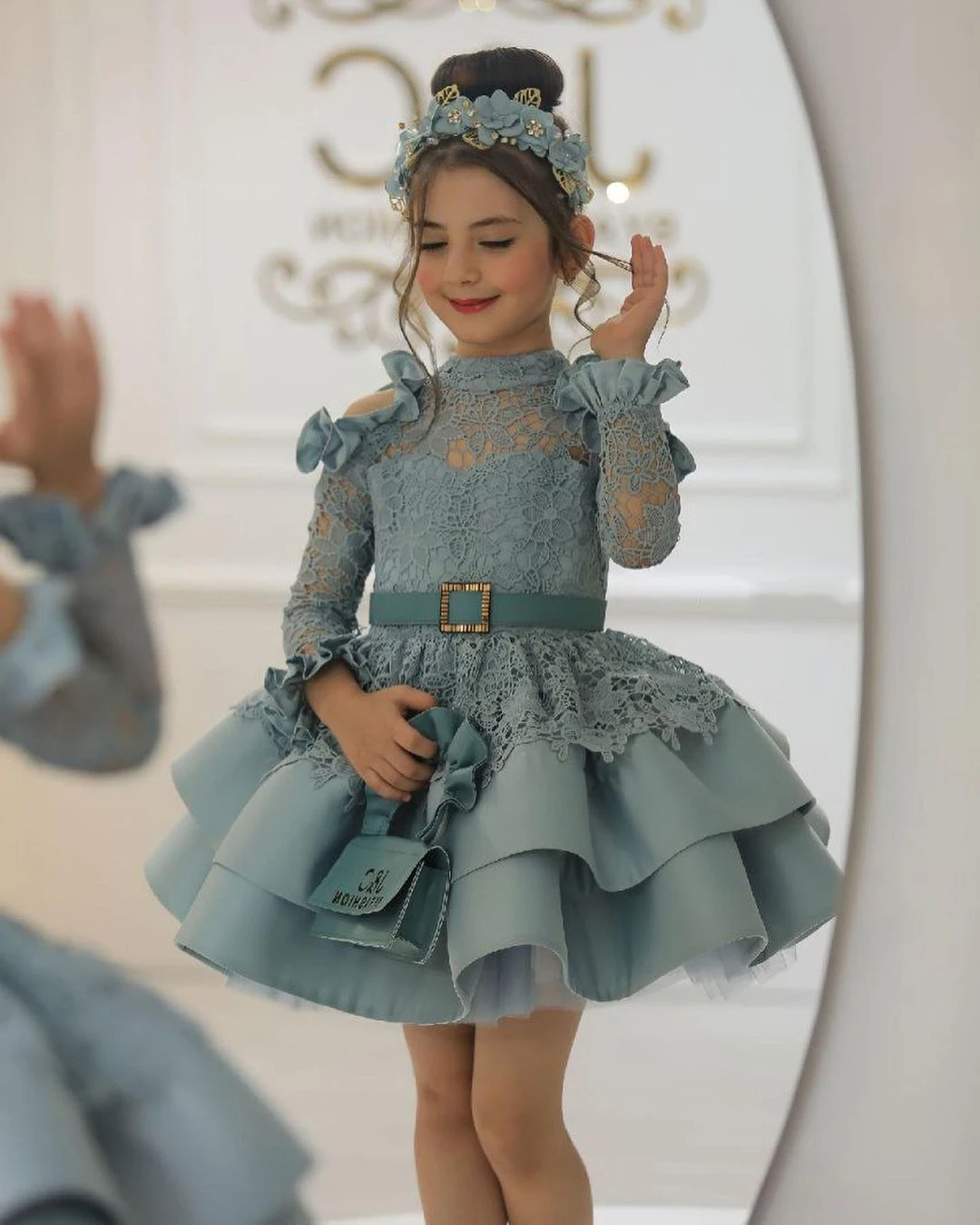 Vestido de princesa de comunión para niños, cuello alto, manga de encaje, falda esponjosa, vestido de baile, fiesta Formal, Junior