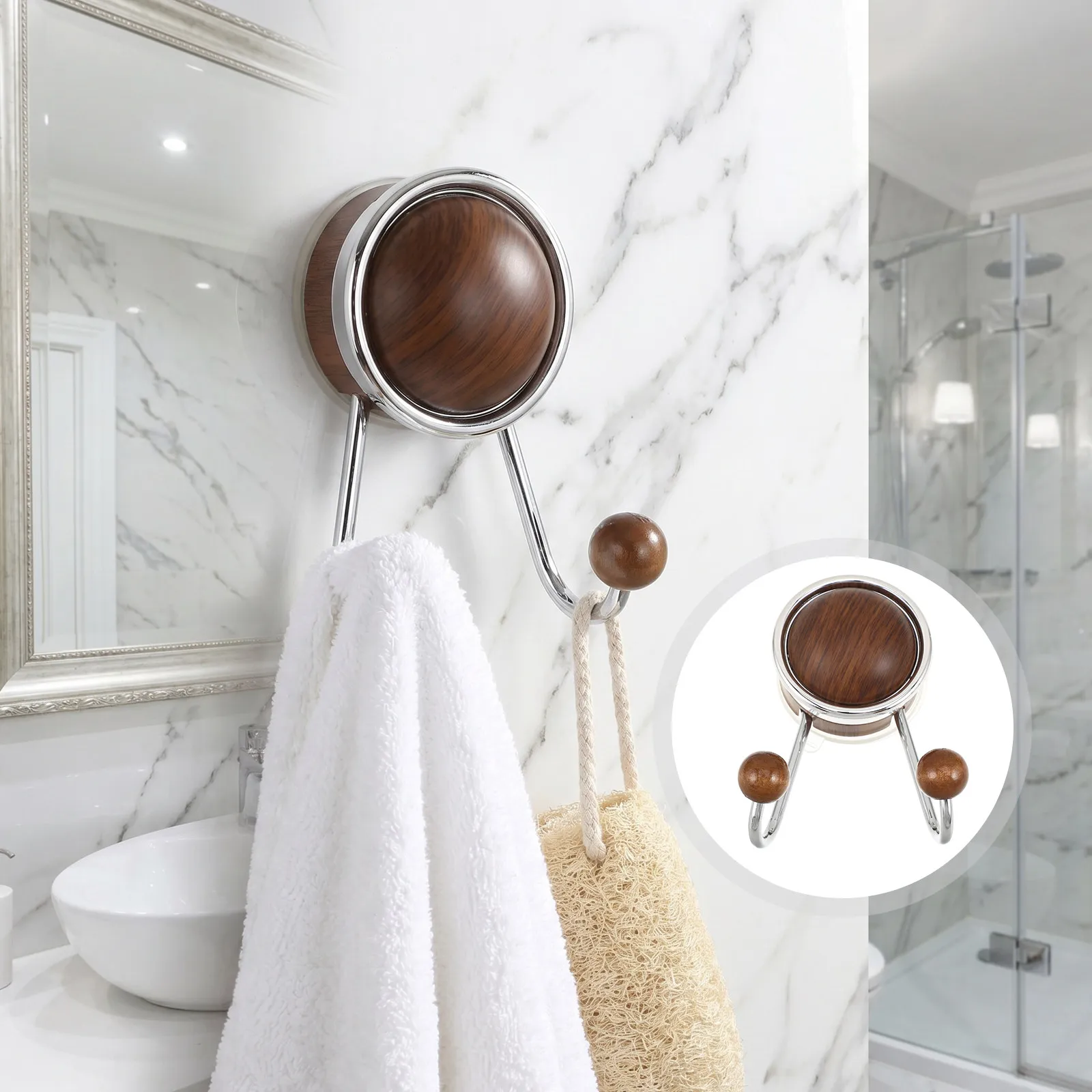 Double Hook Wood Grain Suction Cup Hook No-Drill Multipurpose Kitchen Bathroom Waterproof Reusable Storage Hanger view 2