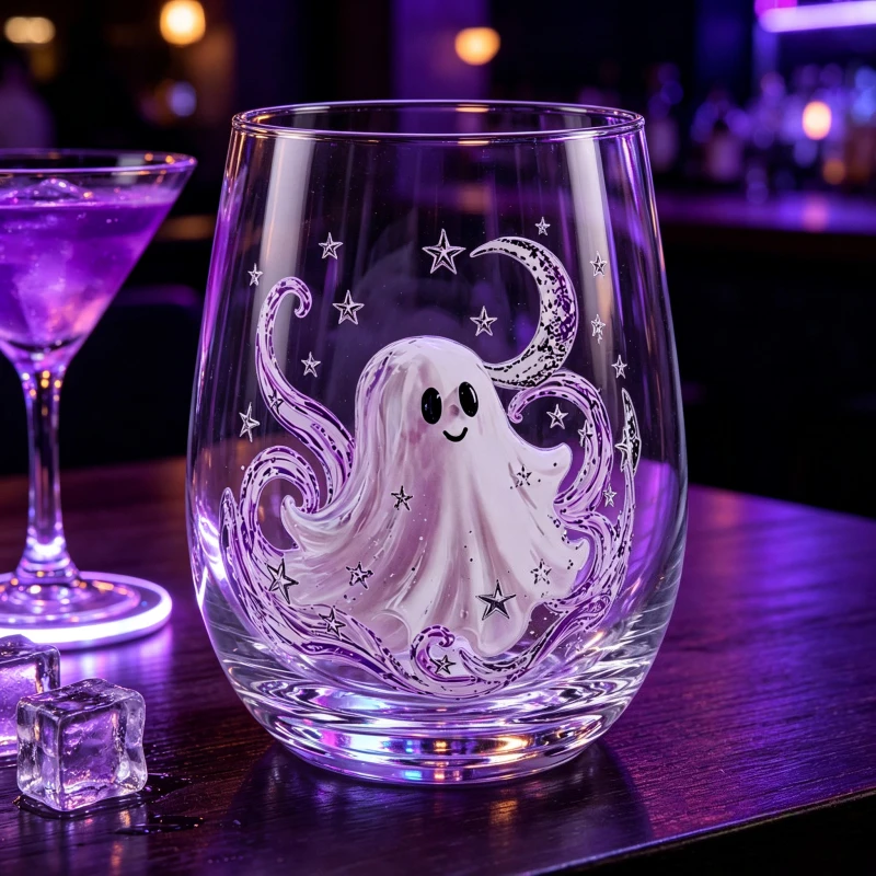 Halloween Ghost Glass Cup Clear Stemless Whiskey Tumbler Purple Moon Stars Drinkware Party Decor