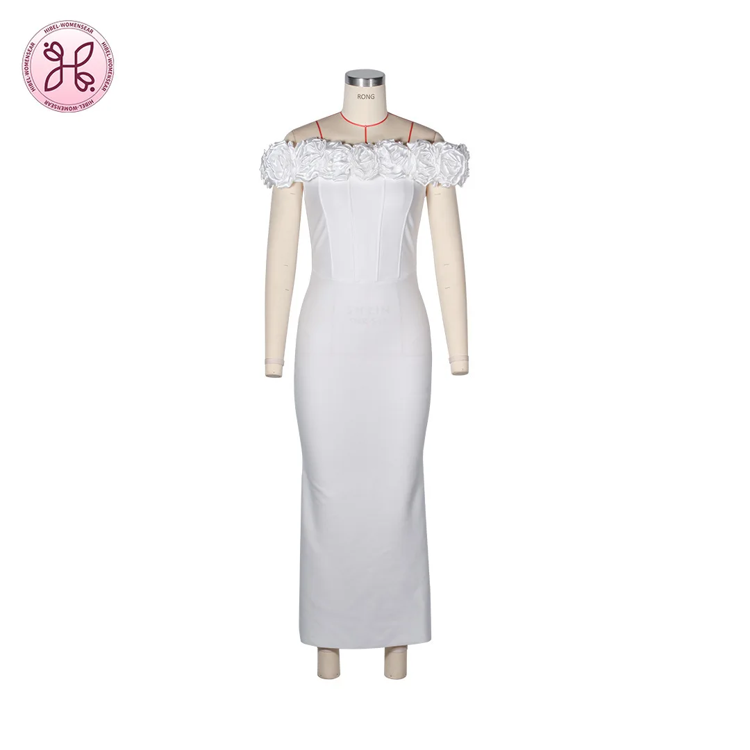 

European & American Off-Shoulder 3D Rose Corset Bandage Midi Evening Dress for Women - Wedding, Banquet & Party Gown
