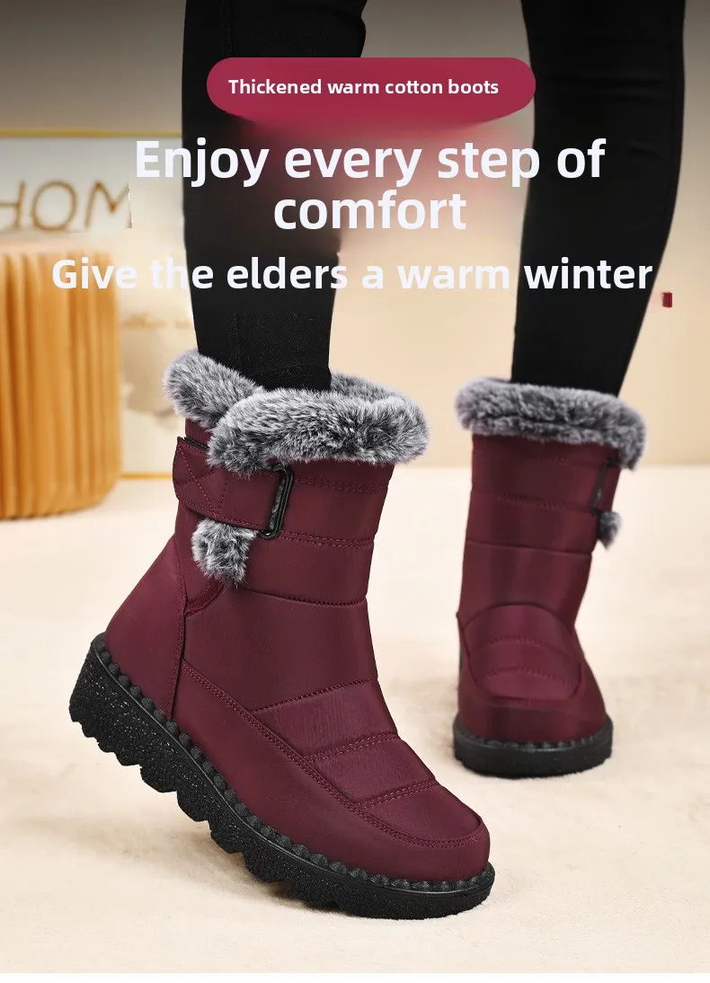 Damen-Schneestiefel bis zur Mitte der Wade, warm, mit Plüschfleece gefüttert, mit Klettverschluss, Pompon-Dekor, rutschfeste dicke Sohle, Winter-Freizeitschuhe für kaltes Wetter. – Detail 6