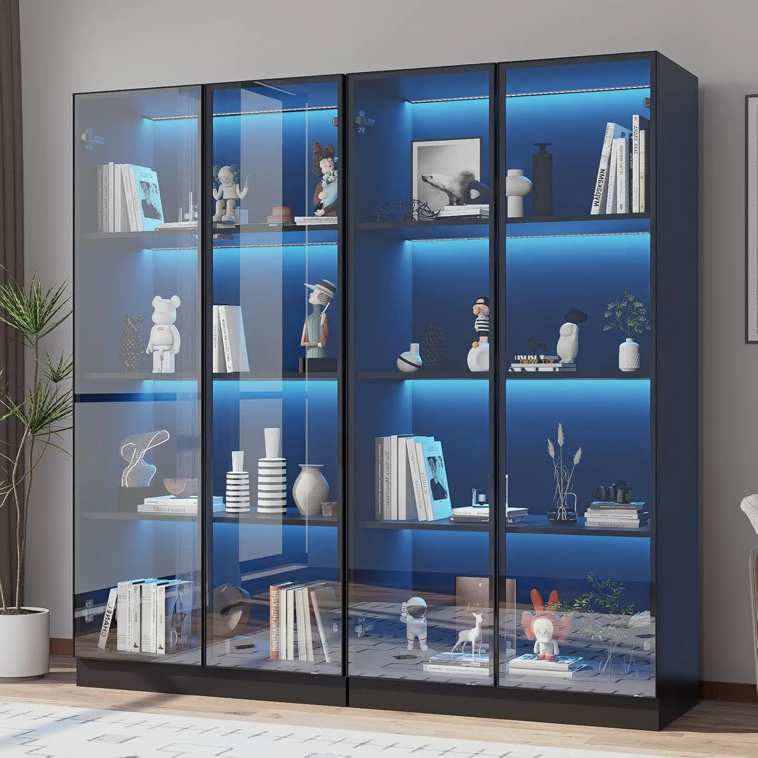 

Стеклянная витрина с LED-подсветкой, комплект из 2 штук, книжный шкаф-витрина с 4-уровневыми полками, шкаф для коллекций с 2-мя секциями, на заказ