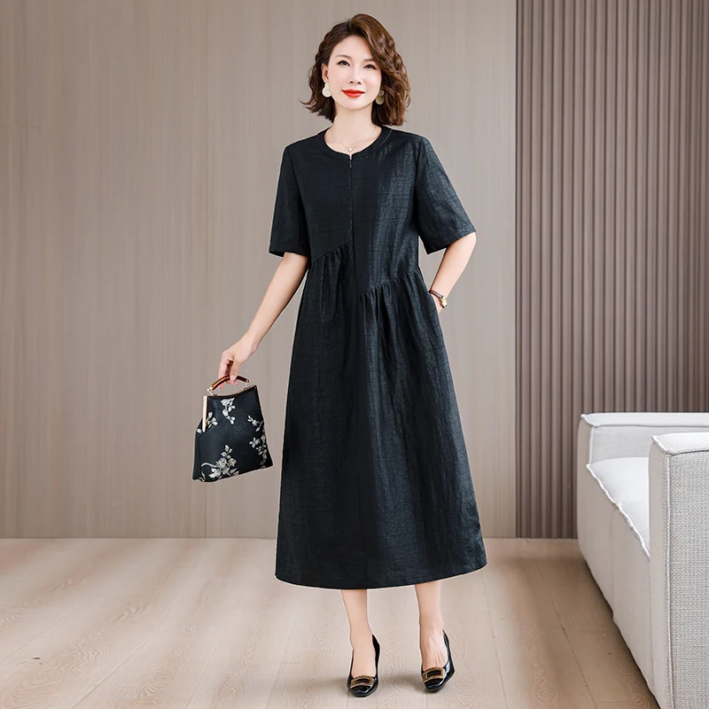 

Women Luxury Elegant Loose Waist Dress Summer Black Embroidery Jacquard Silk Midi Dress 2025 Korean Vintage Hepburn Party Dress