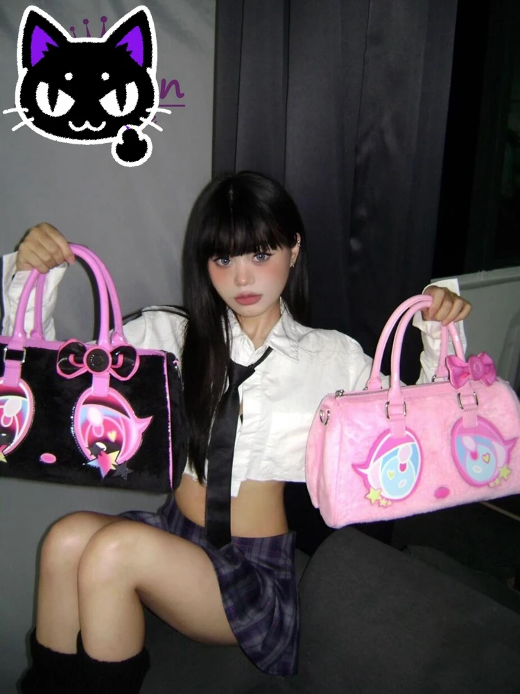 2025 misa hot sale Harajuku Y2k Japanese Kawaii Handbag Pink Black Plush Bag