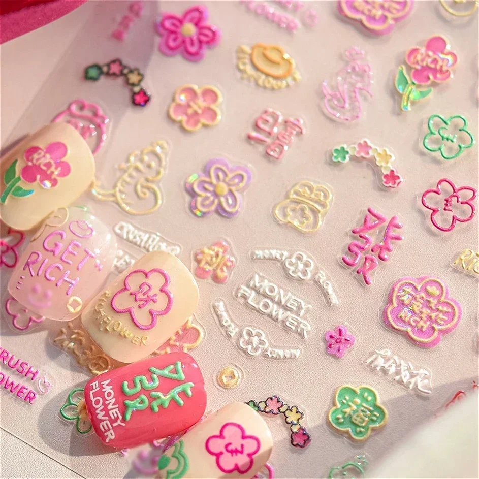 Graffiti dos desenhos animados rosa flor cobra arte do prego adesivos dinheiro moeda yuanbao fu ano novo chinês rico strass manicure decalques