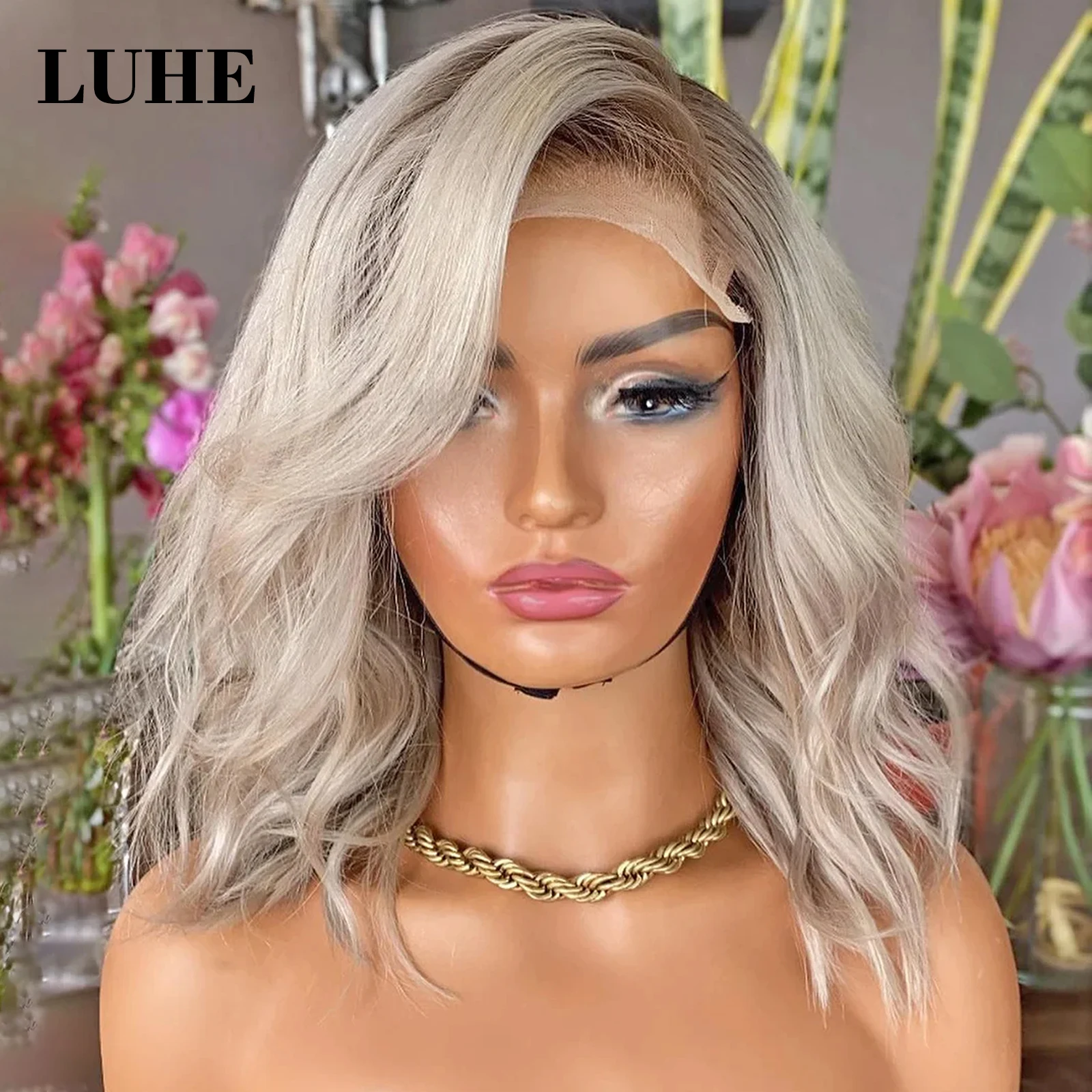 Ombre Ash Blonde Волнистые 13x3 Парики спереди на шнуровке для женщин 16-дюймовый короткий волнистый боб Парик из синтетических волос Коричневый темные корни Кружевной фронтальный парик