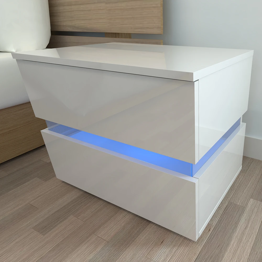 Modern High Gloss Nightstand with LED Lighting 2 Drawer Bedside Table in White