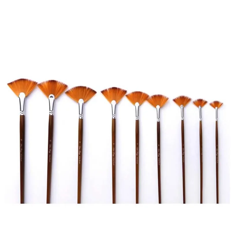 9Pcs/Lot Two-color Wooden Handle Nylon Hair Fan-shaped Painting Brushes Linen Rod Color Oil Brush Set Art Supplies