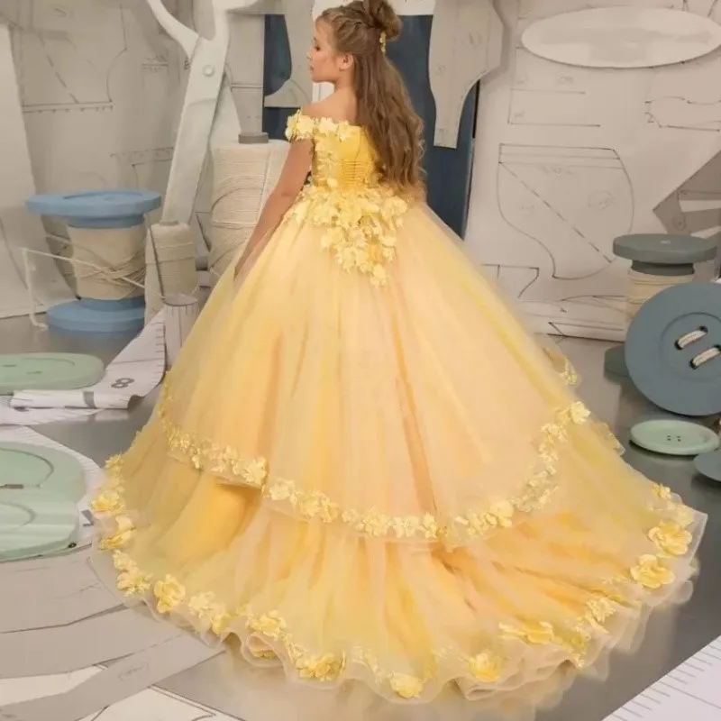 Precioso vestido de flores para niña, apliques mullidos, primera comunión, cumpleaños, boda, desfile, regalos de noche para niños, 2023