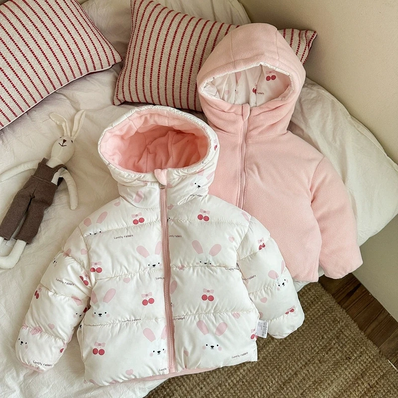 Thickened Fluffy down Cotton Jacket for Babies Boys And Girls Warm Fleece Lined Double Sided Wear Winter Coat for Toddlers