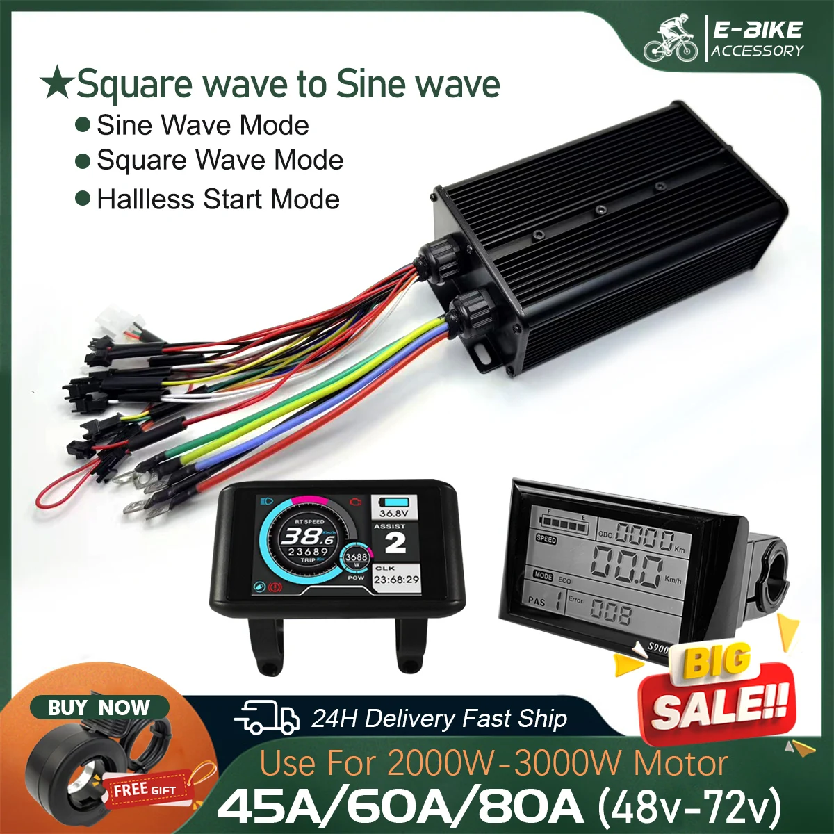 

Трехрежимный контроллер Ebike 45A 60A 80A Контроллер прямоугольной волны и синусоидальной волны, совместимый с двигателем-концентратором 2000 Вт/3000 Вт с дисплеем UKC1