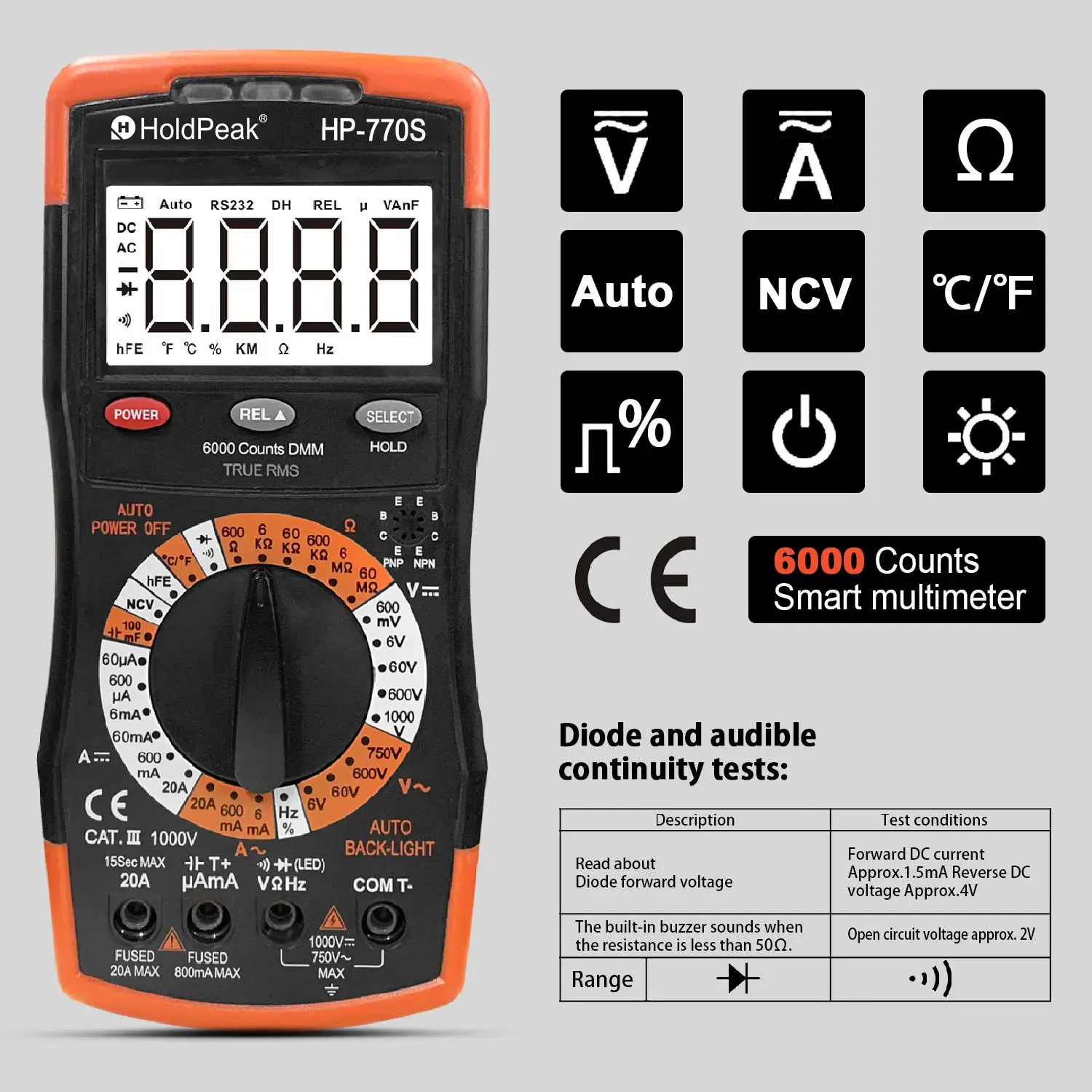 Imagem -04 - Holdpeak Multímetro Digital Hp770s 6000 Contagens Manual Variando Medida com Precisão para ac dc Tensão Tester Ncv Resistência