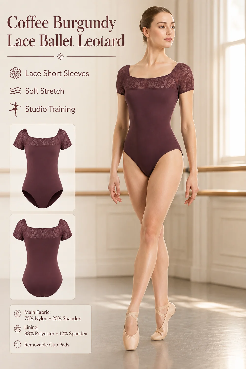 Damen Tanz-Leotard Ballett-Bodysuit Spitze Kurzarm Gymnastik-Unitard Erwachsenen-Stretch-Tanzkleidung Trainingskleidung