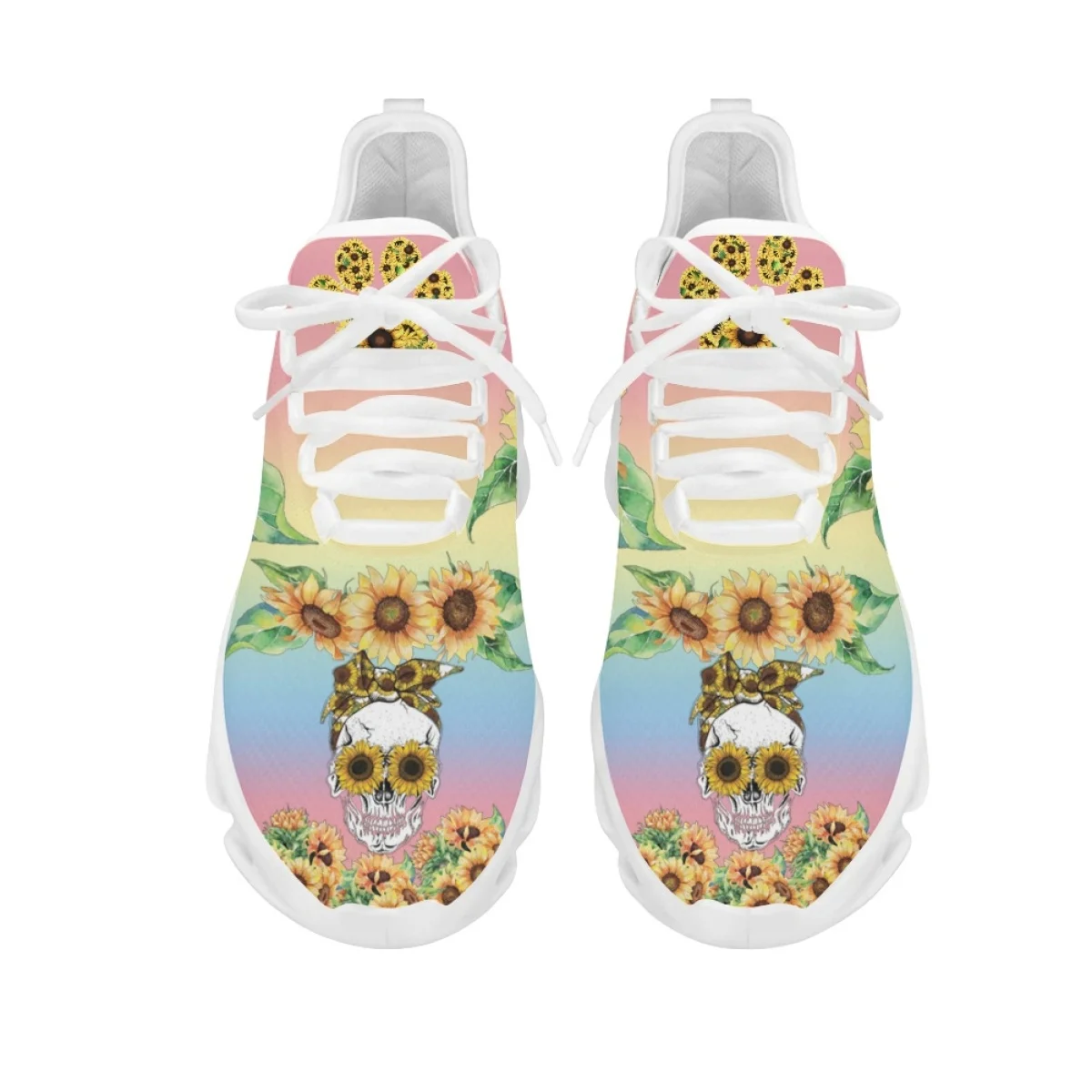 INSTANTARTS Stylist Design Sunflower Skull Print Ladies Shockproof Running Sneakers Outdoor Hiking Mesh Shoes Non-Slip Tennis