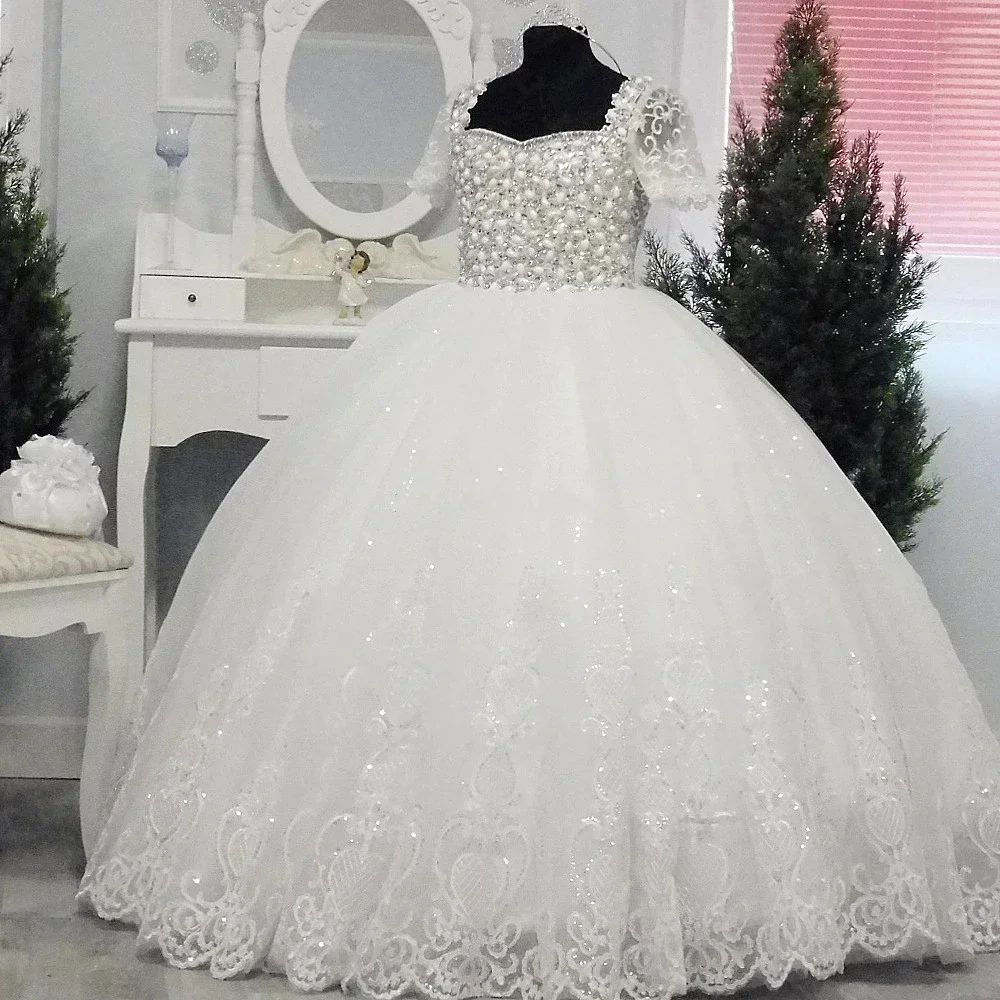 Exquisito vestido de encaje de flores para niña, perlas de tul, vestido de baile de primera comunión, Vestido largo de princesa con purpurina, vestidos de cumpleaños de boda para niños