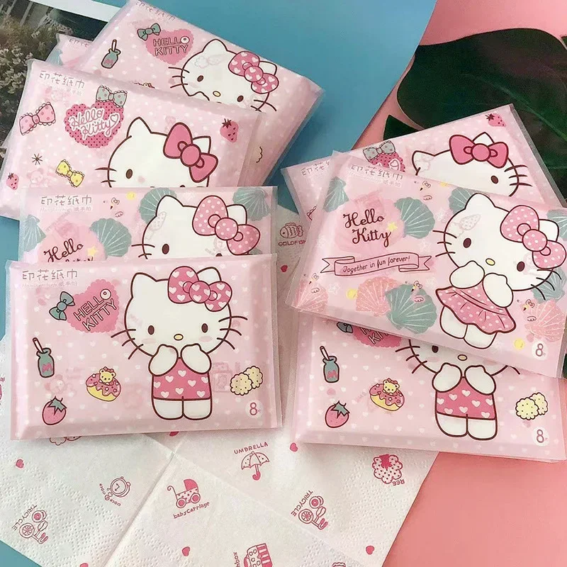 Sanrio Hello Kitty Cartoon Printed Tissue Handkerchief 9pcs Kawii Cute Girl Portable Toilet Wallet Paper Girly Birthday Gifts