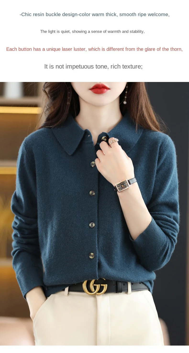 2024 Damen-Strickjacke mit POLO-Kragen, Basic, vielseitig, oben aus gesponnener Wolle, eleganter einreihiger Pullover DMR 430 – Detail 9