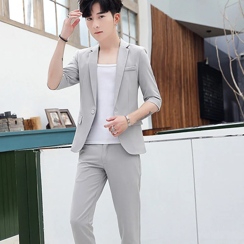 

Men's Casual Mid-Sve Suit Set Faionable Slim Fit Korean Sle Summer Outerwear Ele Trendy M Jaet Ensemble