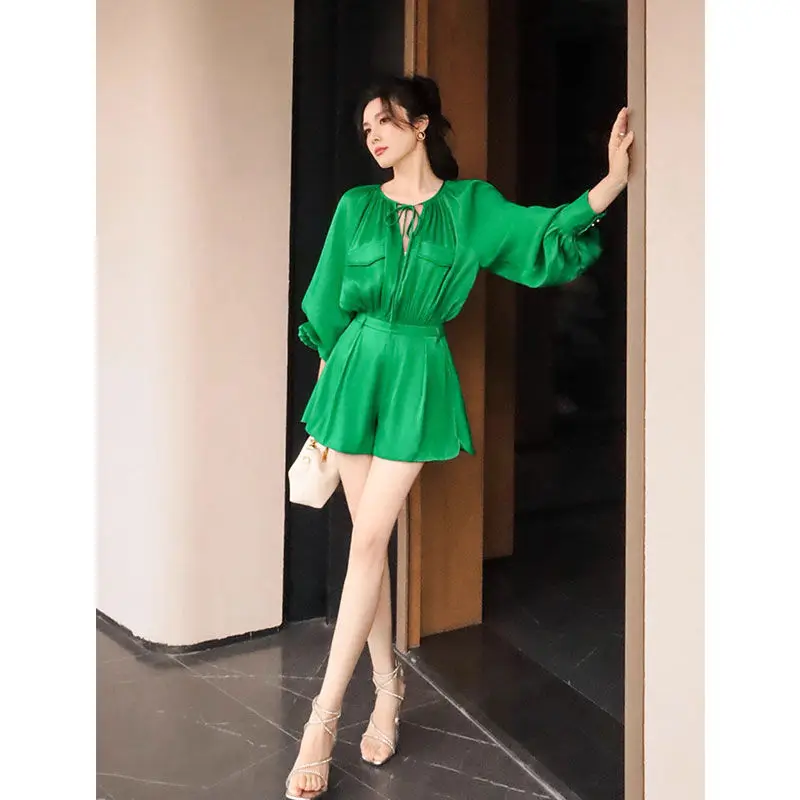 Miiiix Design Sense Autumn Silk Satin Thin High Waisted Sun Protection Jumpsuit Shorts V-neck Waist Green Jumpsuit Shorts