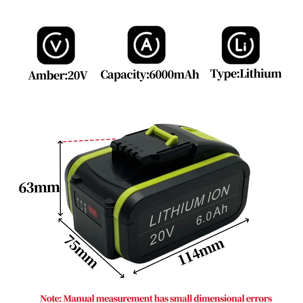 For WORX Tool WA3553 WA3551 WA3572 WX390- 20V 6.0Ah Lithium Battery 4-pin  Rechargeable 20V Lithium Battery