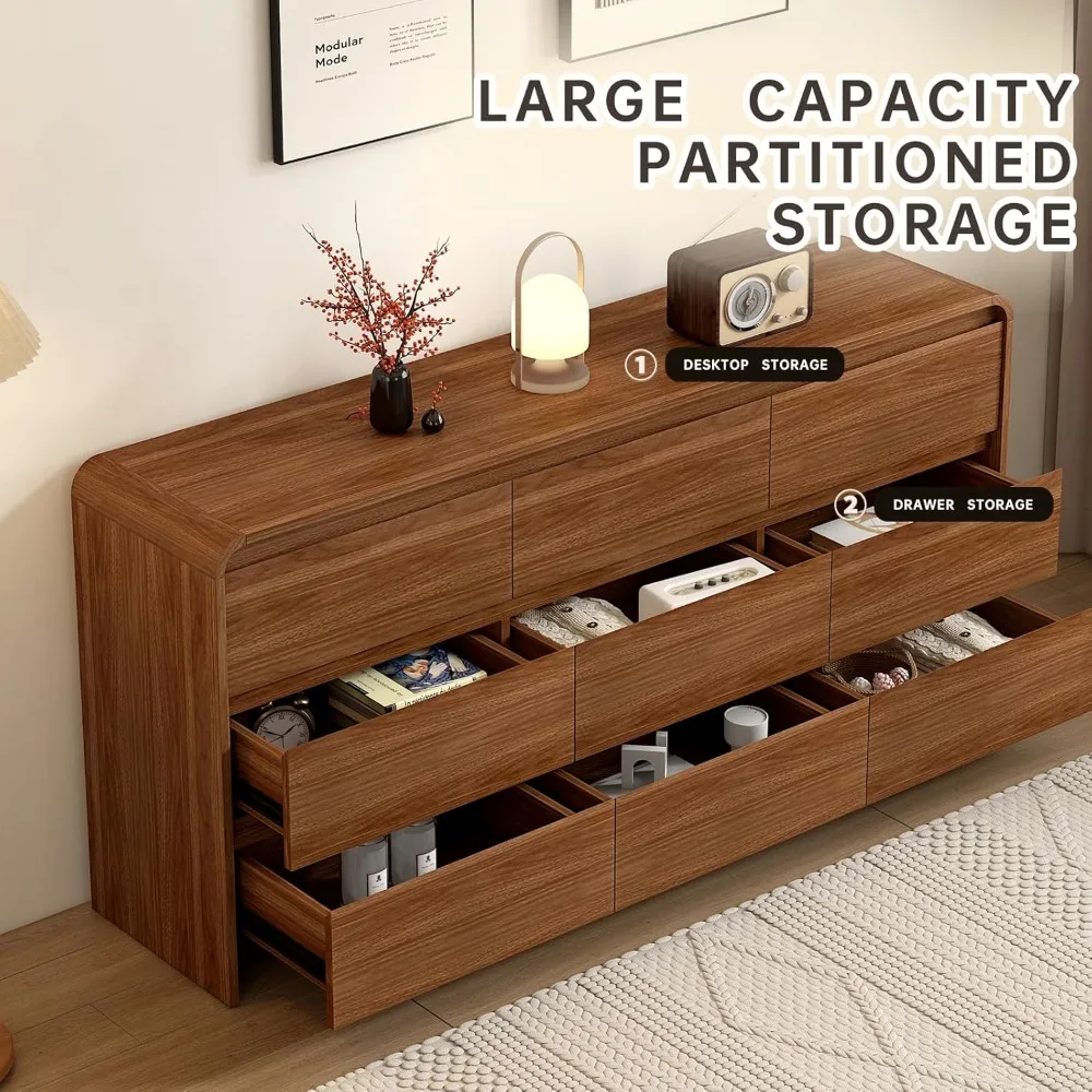 Lemari Laci Modern 9 Laci, Lemari Kayu 63-Inci, Desain Lengkung Anti-Tabrakan, Kabinet Penyimpanan Gaya Pertengahan Abad, Terpasang Terlebih Dahulu