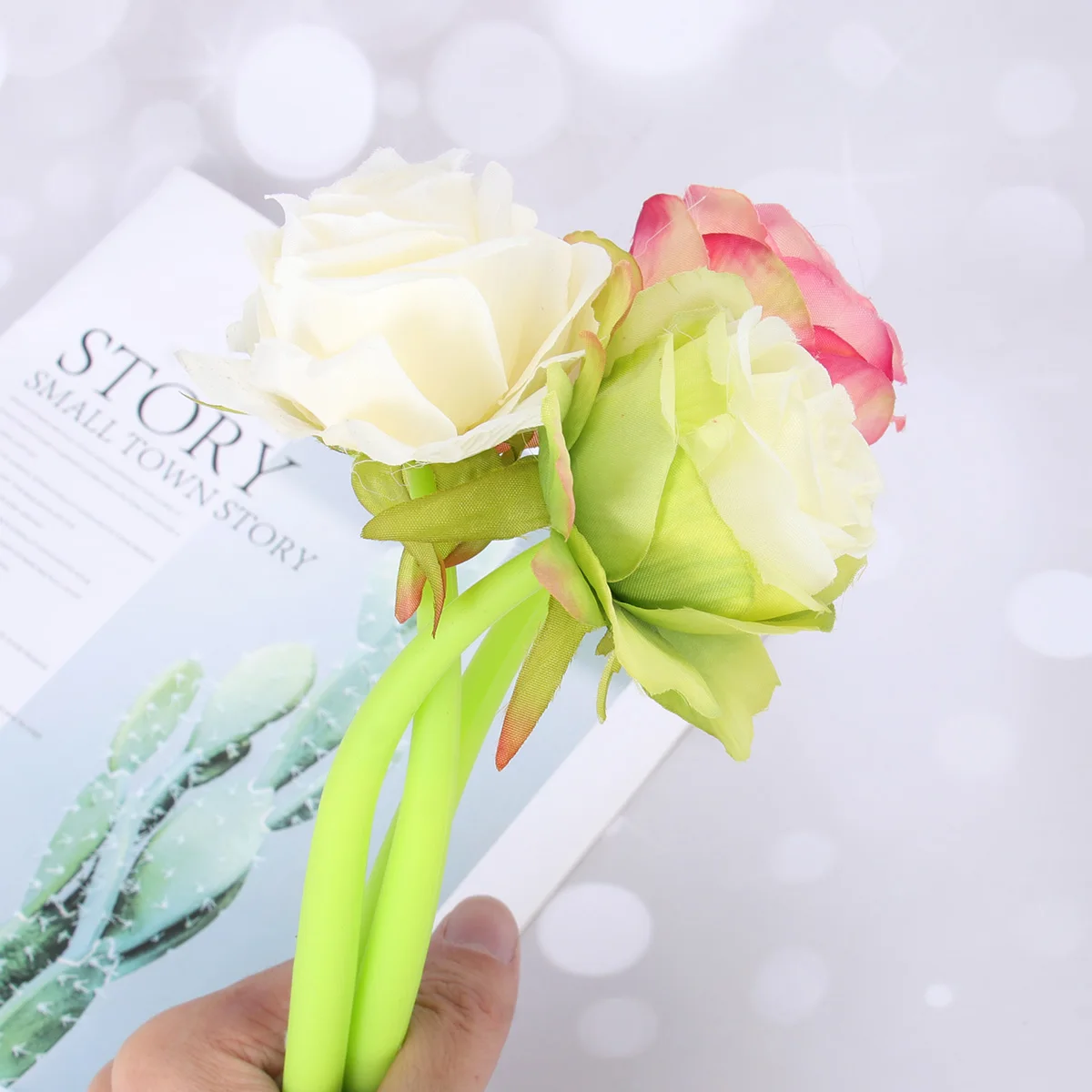 

3 Pcs Gel Pen Pens Fancy Floral Ballpoint Flower Rose Soft Rubber Black Ink Cute