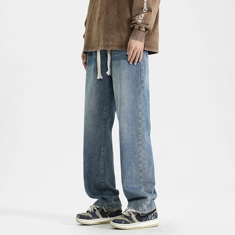American Vintage 2025, neue Mode für Herren, lässig, trendig, weites Bein, gerade, lockerer Kordelzug, Denim-Hose, männlich, Basic, einfache Jeans