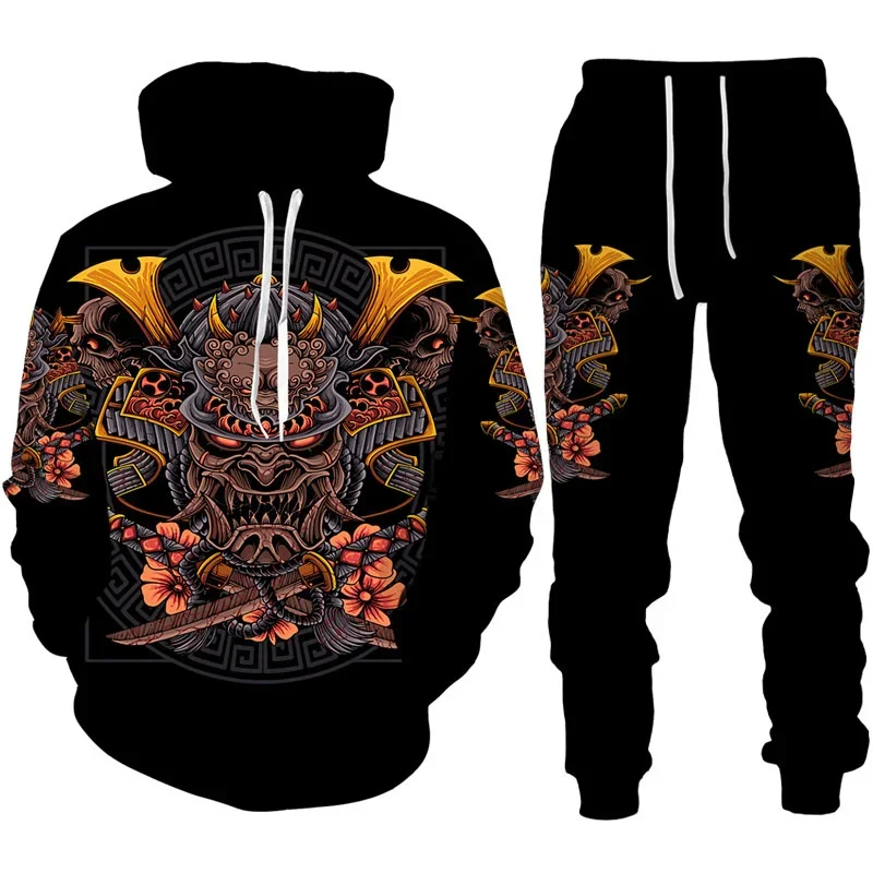 Japan Samurai Oni Mask Tattoo Art 3D Print Tracksuit Sets Casual Hoodie + Pants 2pcs Sets Fashion Man Woman Harajuku Streetwear