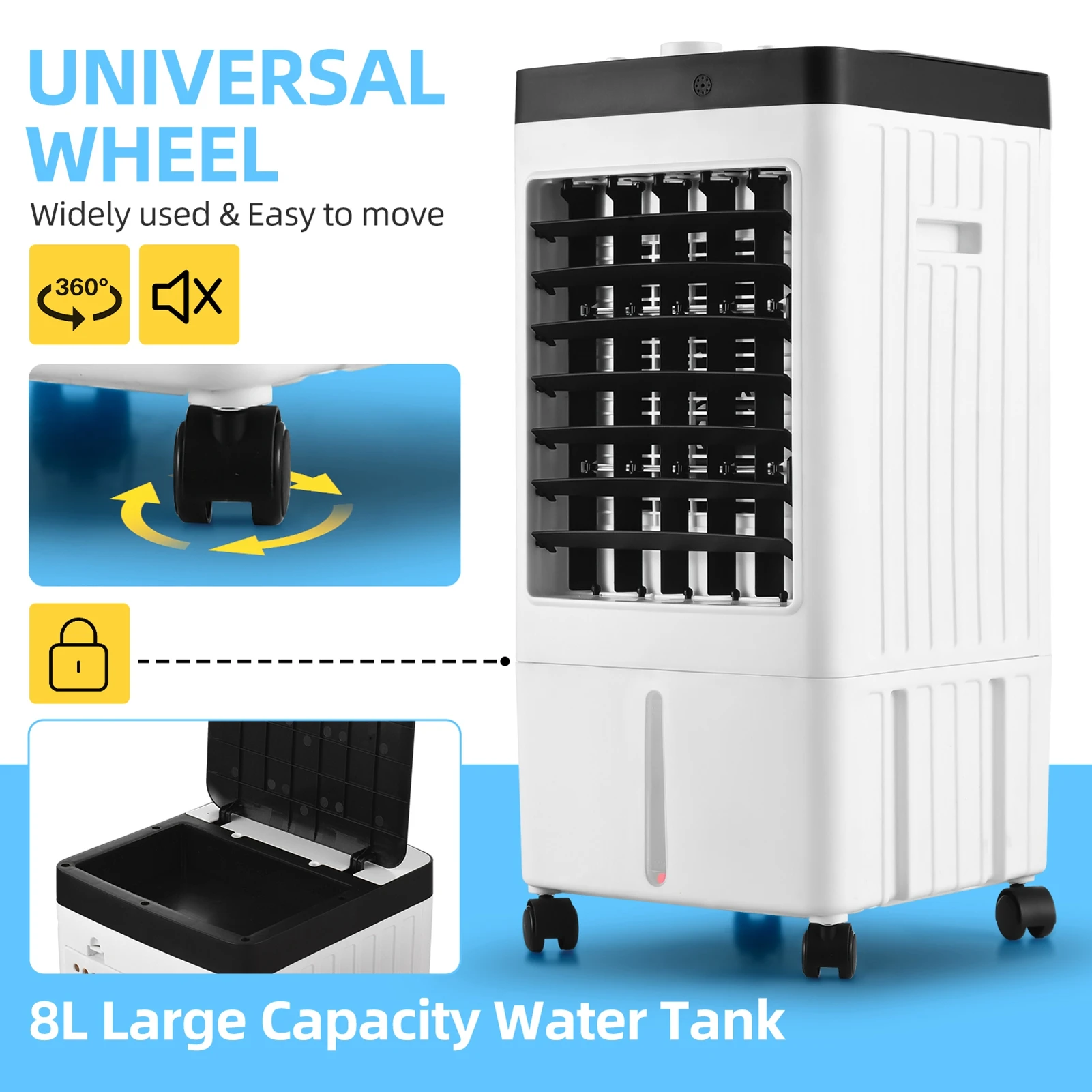 

Evaporative Air Cooler 100° Oscillation Swamp Cooler with Remote Control 1-7H Timer 3 Wind Speeds Quiet Operation Bladeless