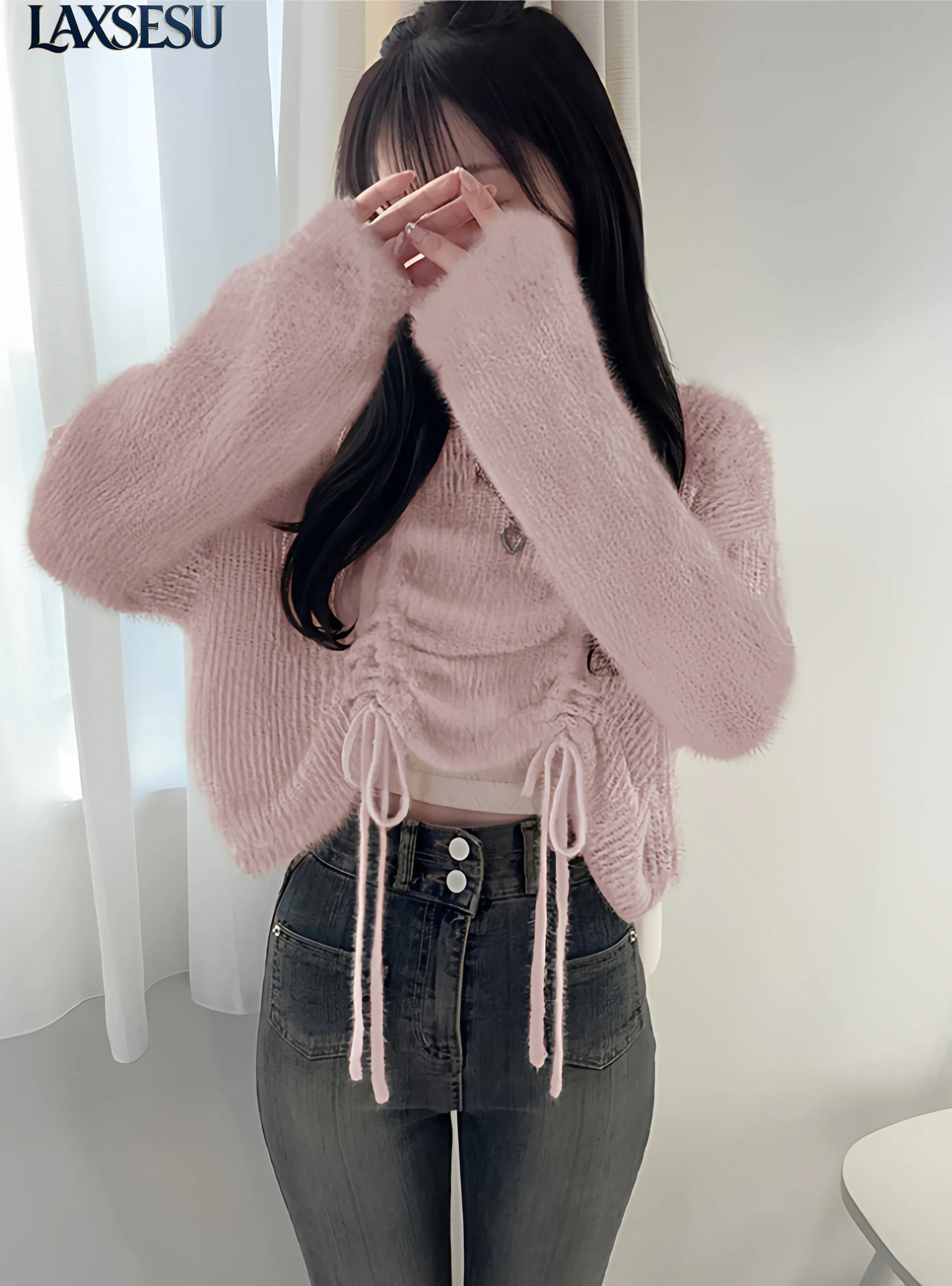 Japanese New Sweet and Cute Girl's Top Versatile Drawstring Strap Square Collar Shoulder Down Solid Color Plush Knitted Top