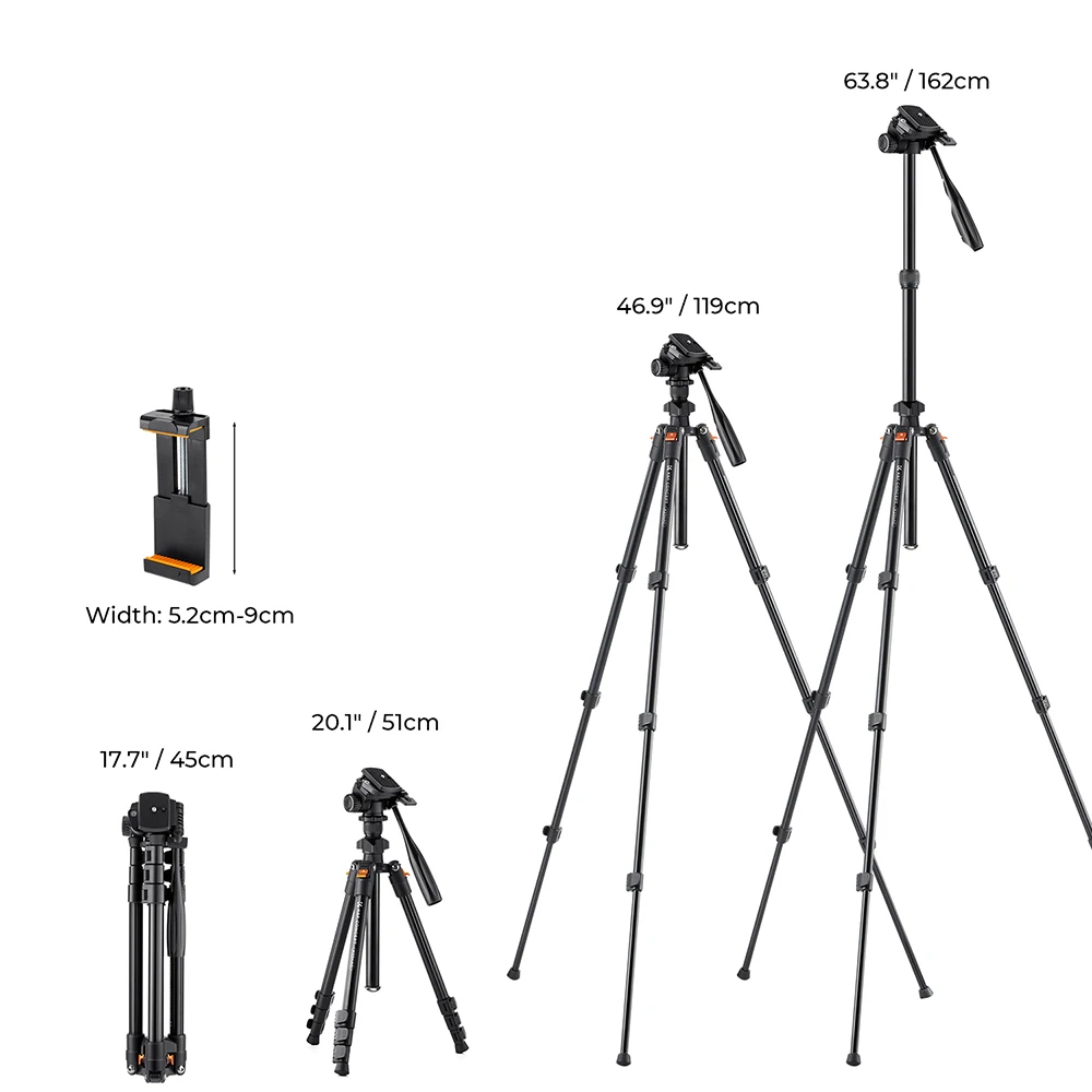 K&F Concept 64inch/162cm Video Tripod Lightweight Aluminum Tripods for Photography Live Streaming DSLR Camera Phone Holder Stand