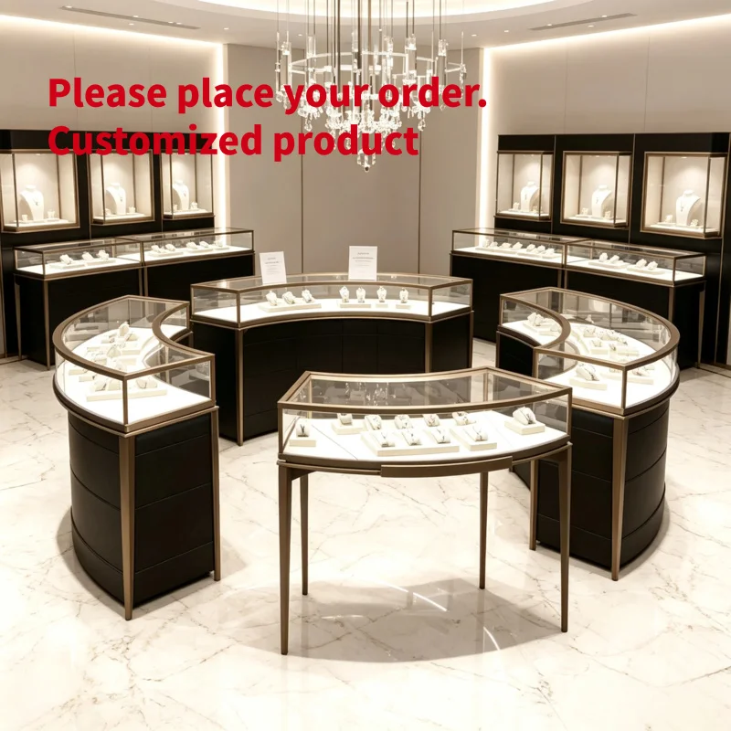 custom.Curved Jewelry Showcase Set Champagne Gold Metal Frame Tempered Glass Top Black Storage Base LED Light Complete Jewellery