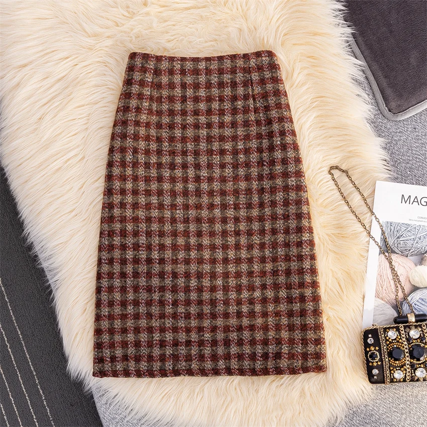 Gowyimmes 2025 Autumn Winter Women Woolen Plaid Skirt Elegant Lady High Waist A-line Skirts Slim Hip Pakadge Bottomings PD1831
