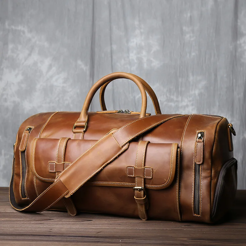 Retro Leather Travel Bag men\'s Large-capacity First Layer Cowhide Single Shoulder Messenger Outdoor Luggage Backpack