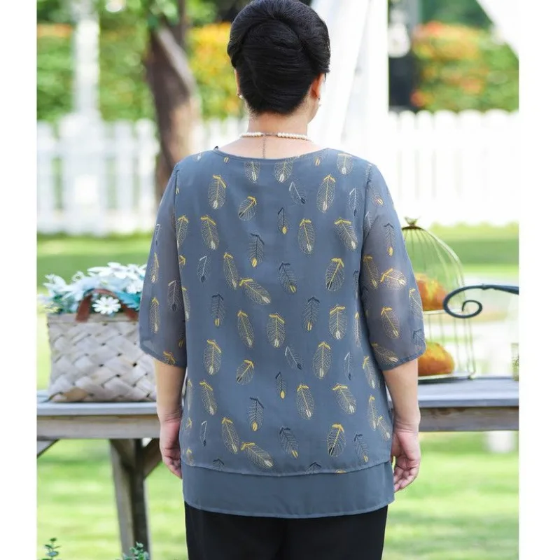 2024 Summer Style Three Quarter Button Printed Spliced Women\'s Crew Neck Fashion Fake Two Pieces Loose Chiffon Shirts Tops