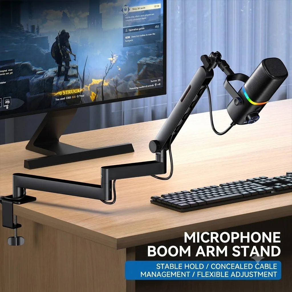 Microphone Stand 3-section boom arm sturdy suspension mic arm foldable desktop mount stable support for live content creation