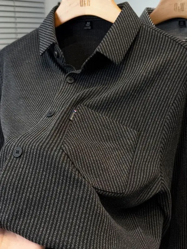 

Мужская рубашка с длинным рукавом в полоску, повседневная, весна-осень, новая модель, с отложным воротником, дизайнерская, деловая, приталенная, топ