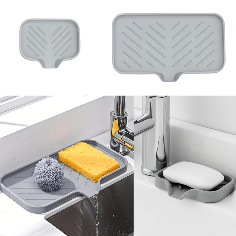 1PC Kitchen Sink Soap Sponge Tray Self Draining Premium Silicone Soap Holder for Bathroom Caddy Organizer