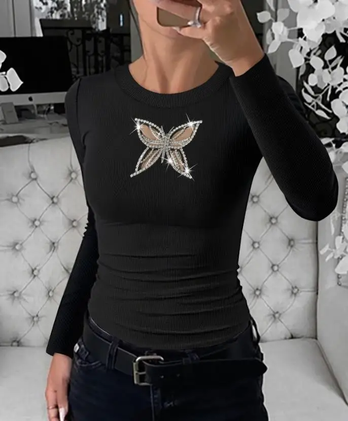 

Y2K Tops Women 2025 Spring New Fashion Rhinestone Decor Butterfly Hollow-Out Long Sleeve Top Slim Fit Ribbed Casual Layering Top