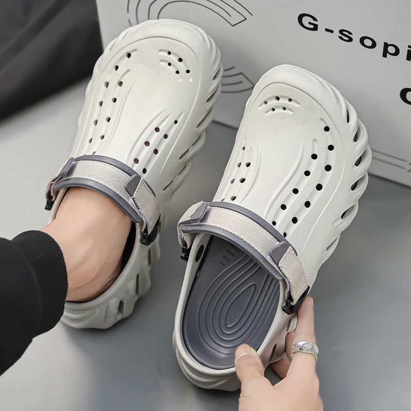 Brand Men's Slip-on Shoes - Soft and Comfortable Holey Shoes Outdoor Waterproof Heightening Cool Shoes EVA Driving Shoe