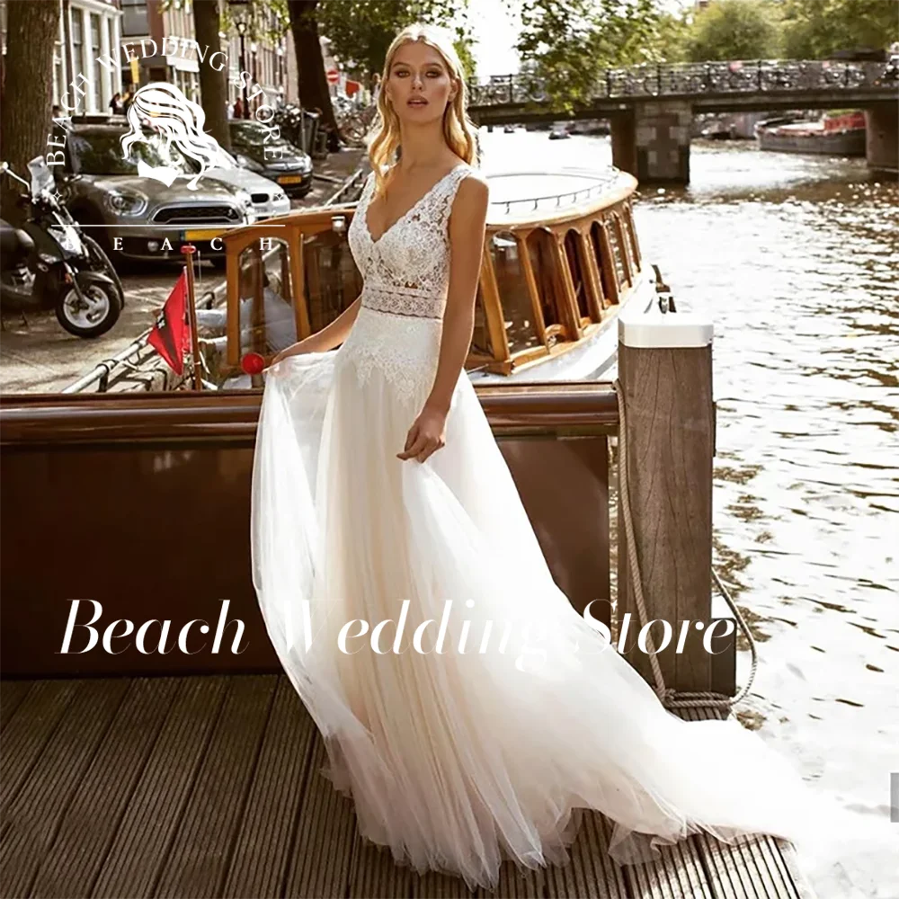

Beach Customized Deep V Neck Sleeveless Lace Applique Tulle Wedding Dresses 2025 Open Back Train A Line Silhouette Bridal Gowns
