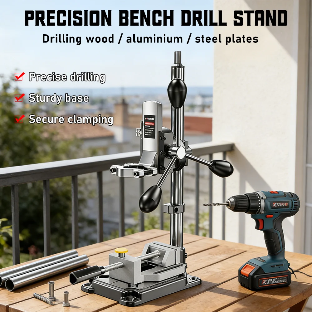 

Bench Drill Stand High Precision Industrial Grade Electric Drill Press Mount with Vise Sturdy Drill Holder forWood MetalDrilling