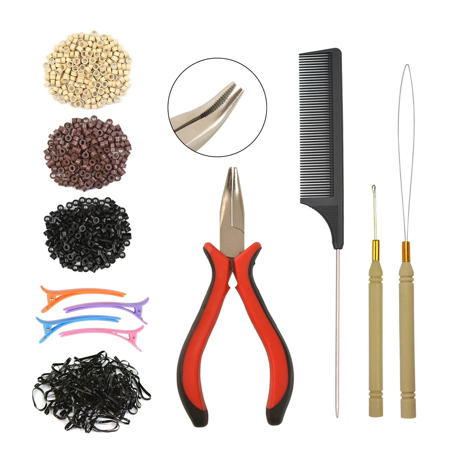 Juego de Herramientas para extensiones de cabello, alicates en forma de I, 600 piezas, microanillos de silicona, pinzas para el cabello de 4 piezas, bandas de goma de 100 piezas, peine para el cabello, 1 ud.