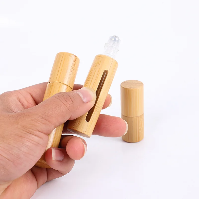 100pcs Bamboo Roll On Bottle 3/5/10ml Wood Roller Bottle Essential Oil Lip Gloss Refillable Tube Empty Jar Glass Bottle Perfume