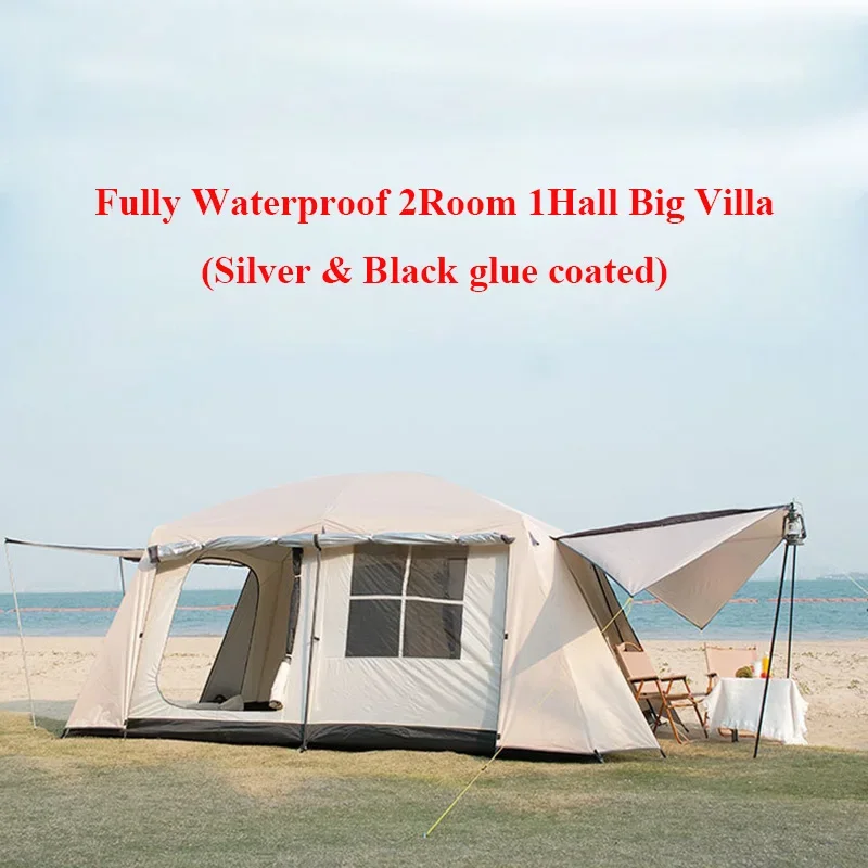 

Large Tent Outdoor Camping Double Layers Thickened Two Bedrooms One Hall Multiple People Family Tent Fully Cover Waterproof