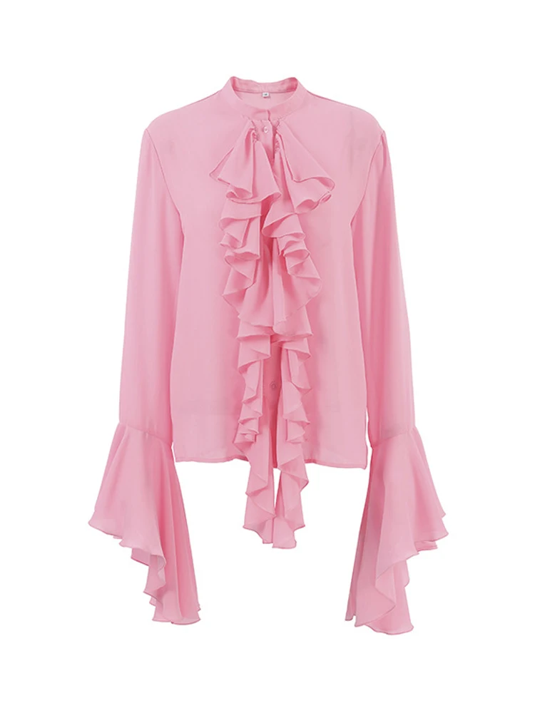 Mueyaruho 2024 Women Autumn Winter Elegant Ruffles Chiffon Blouse Long Sleeve Solid Pink Shirt For Woman Female