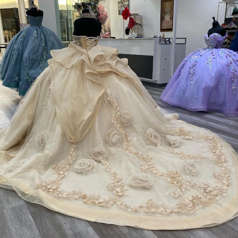 Vestido De baile De quinceañera sin hombros con flores 3D, apliques De cuentas De encaje, Tull dulce 16, 15 XV