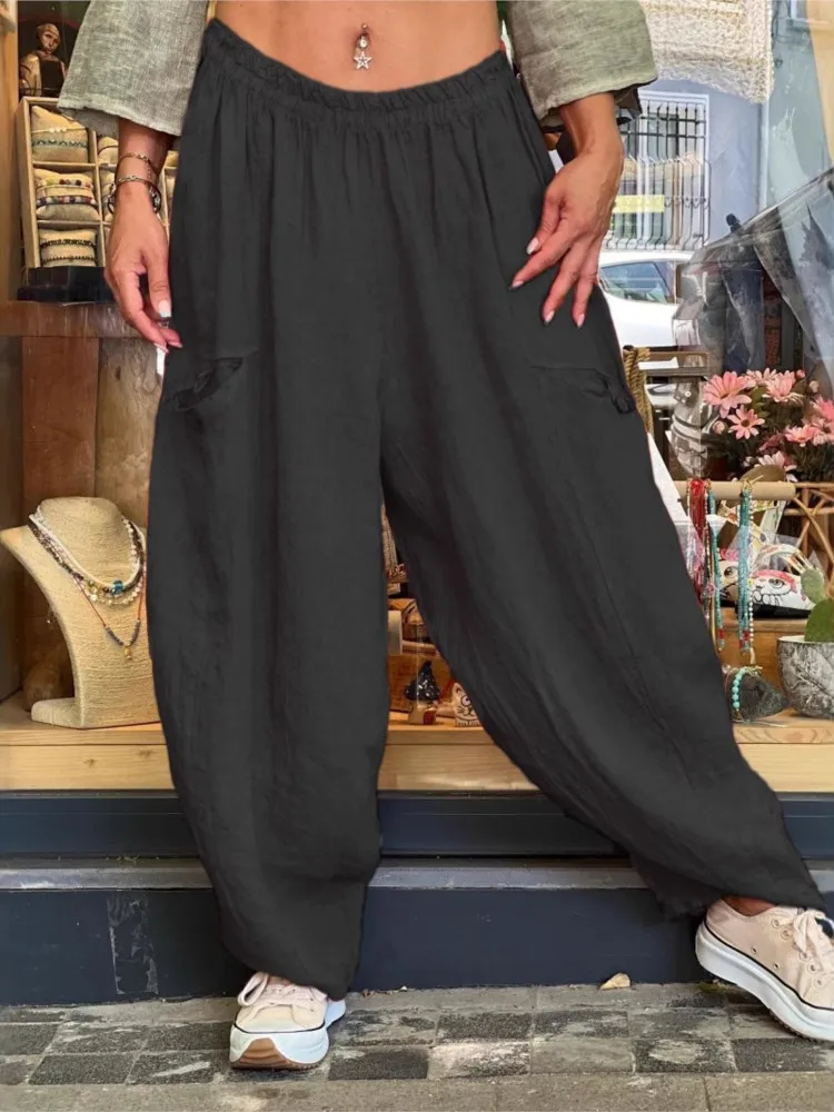 Style Trousers Casual Solid Color Female Fashion Elastic Waist Pocket Loose Bloomers Streetwear Casual Commuting Daily Bottoms