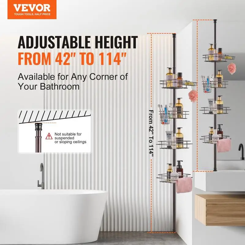 

Shower Corner Caddy Tension Pole, 42" to 114" High, Multi-Functional Shower Tension Pole with Strong Load-Bearing Tray, Rust-Proof Easy-to-Install Tension Pole, Fit for Bathroom & Washroom